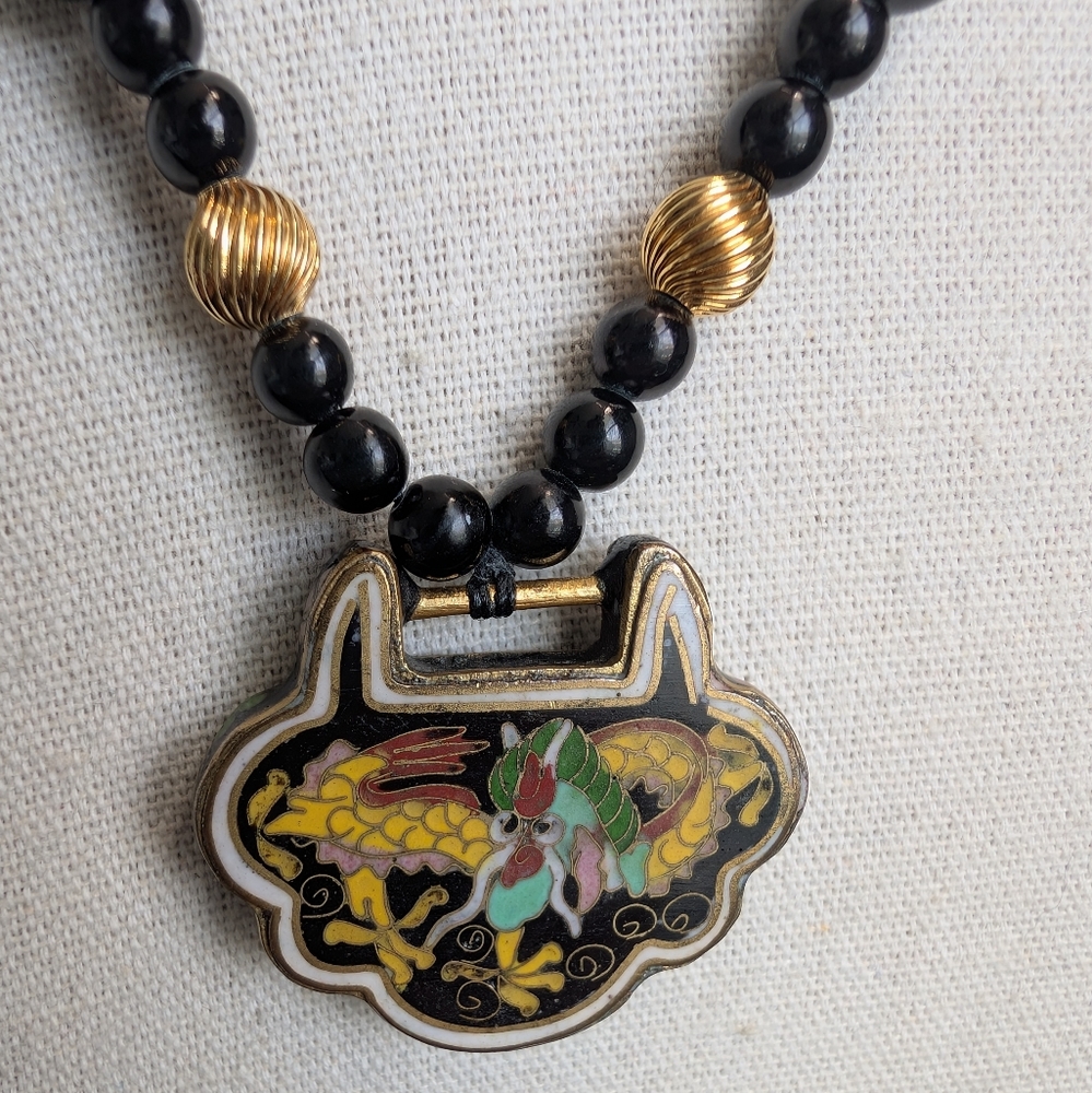 Vintage 925 Les Bernard Obsidian & Cloisonne Sterling Gold Necklace - Estate - Picture 6 of 14